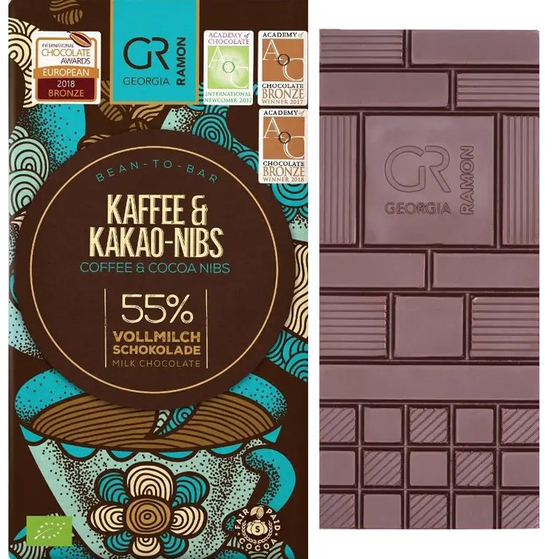 GEORGIA RAMON | Vollmilch-Schokolade »Kaffee & Kakao-Nibs« 55% | BIO | 50g Milchschokolade mit Kaffee und Kakaonibs von Georgia Ramon