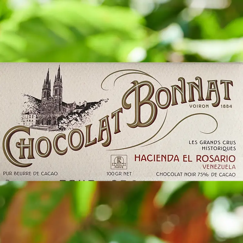 Dunkle Bonnat Schokolade Chocolat Hacienda El Rosario 75% Kakaogehalt