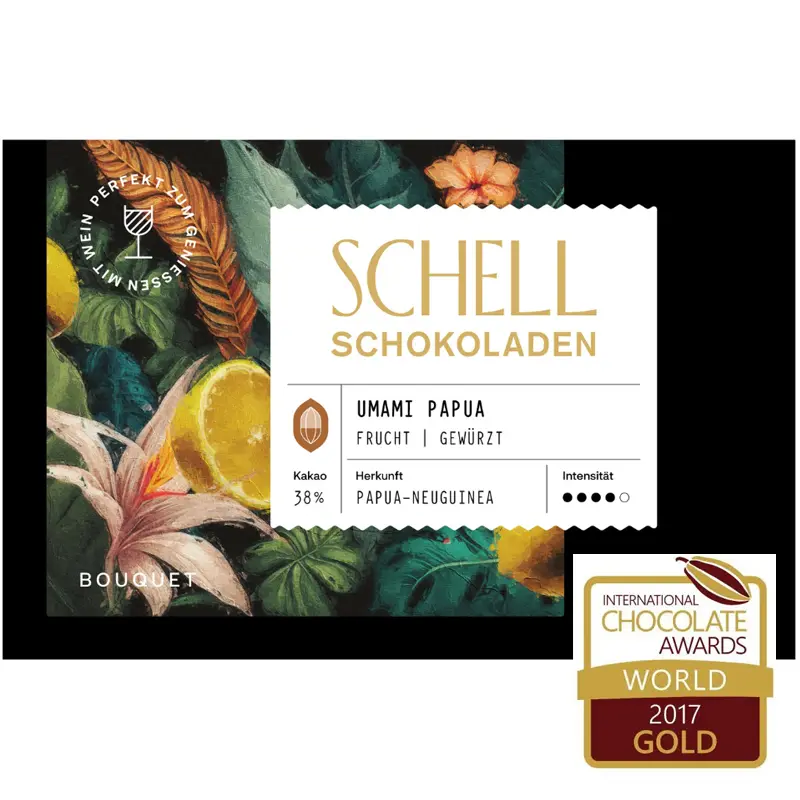 SCHELL | Milchschokolade »Umami Papua Neu Guinea« 38% | 50g Umami Papua Milchschokolade von Schell perfekt zu Weißwein