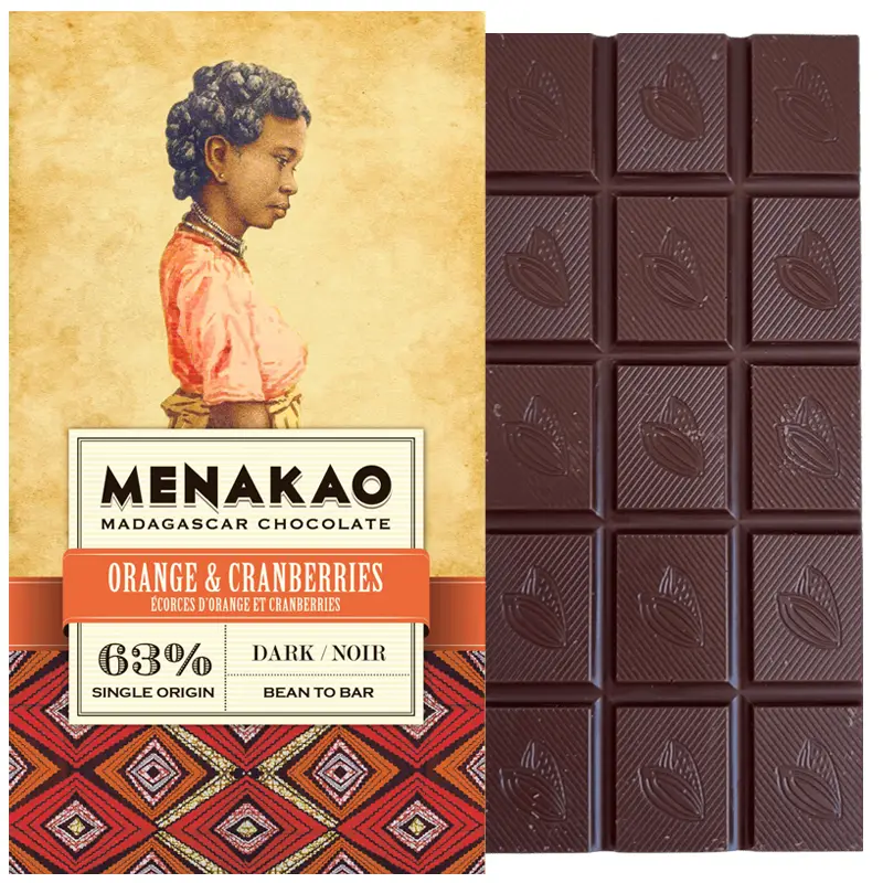 MENAKAO | Dunkle Schokolade mit »Orange & Cranberries« 63% | 75g Schokolade mit Orange und Cranberries von menakao Madagascar