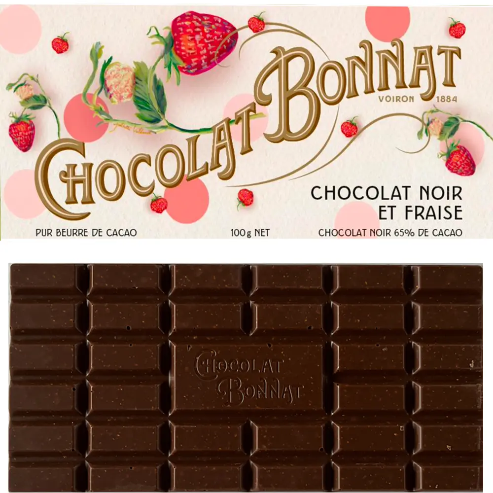 BONNAT Dunkle Schokolade & Erdbeeren | Chocolat »Noir et Fraises « 65% | 100g Bonnat dunkle Schokolade mit Erdbeeren, hübsche Verpackung weiß mit Erdbeeren