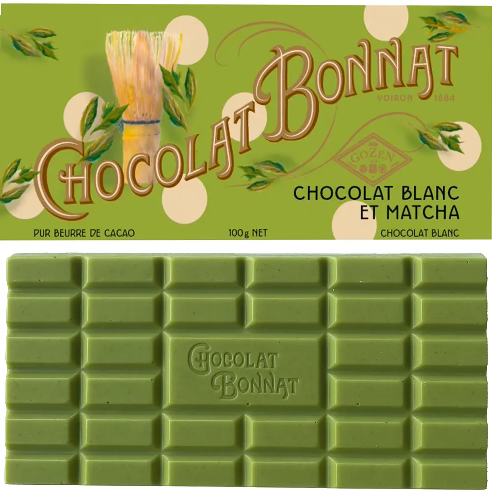 BONNAT Weiße Schokolade & Matcha | Chocolat »Blanc et Matcha « % | 100g Wunderbare grüne Schokoladentafel mit Verpackung Chocolat Bonnat Blanc et Matcha , weiße Schokolad emit matcha
