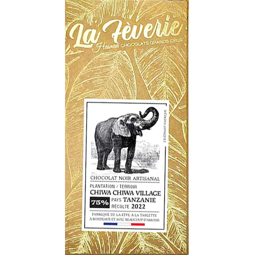 Goldene Schokoladentafel mit Elefanten von Hasnaa mit der Aufschrift: Chiwa Chiwa Village Tanzanie 75%