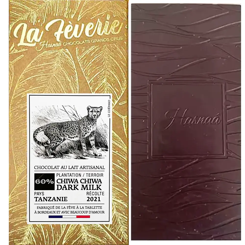 HASNAÂ Chocolats La Fèverie | Milchschokolade »Tanzanie – Chiwa Chiwa Village« 60% | 56g Milchschokolade von Hasnaa Bordeaux- Tanzanie goldene Verpackung