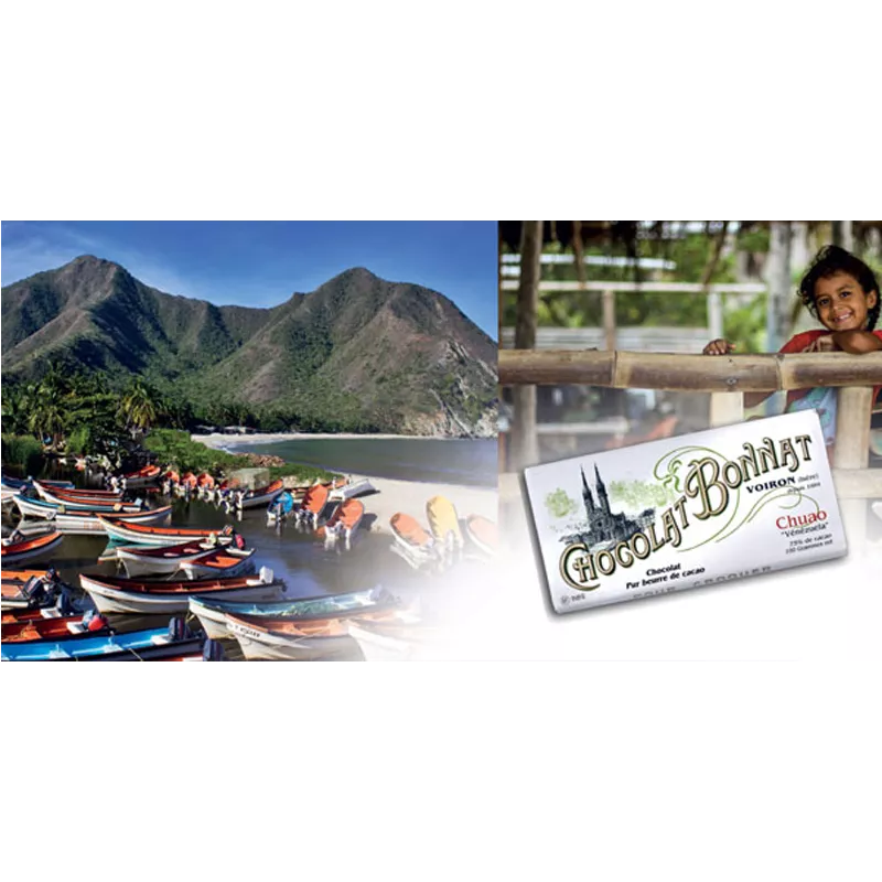 BONNAT Dunkle Schokolade | Chocolat »Chuao« Venezuela Schokolade von Bonnat vor Bergen in Venezuela