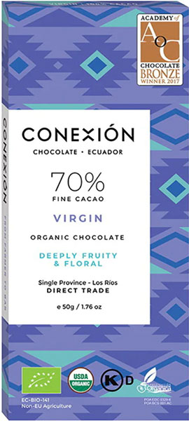Dunkle prämierte Schokolade von Conexion , violette Verpackung
