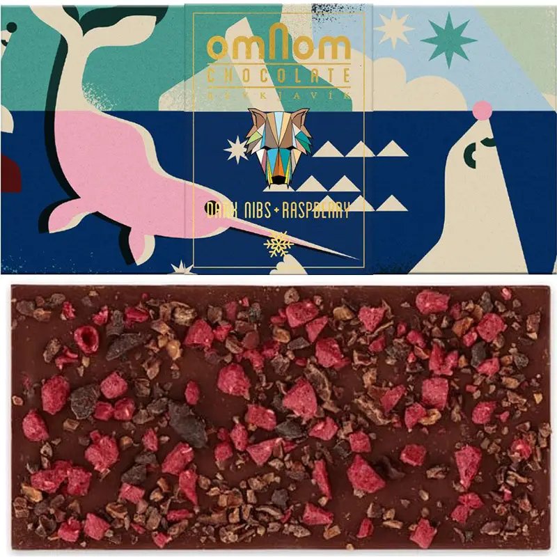 Dunkle Schokolade mit mit Himbeeren Dark Nibs Raspberry von Omnom Reykjavik