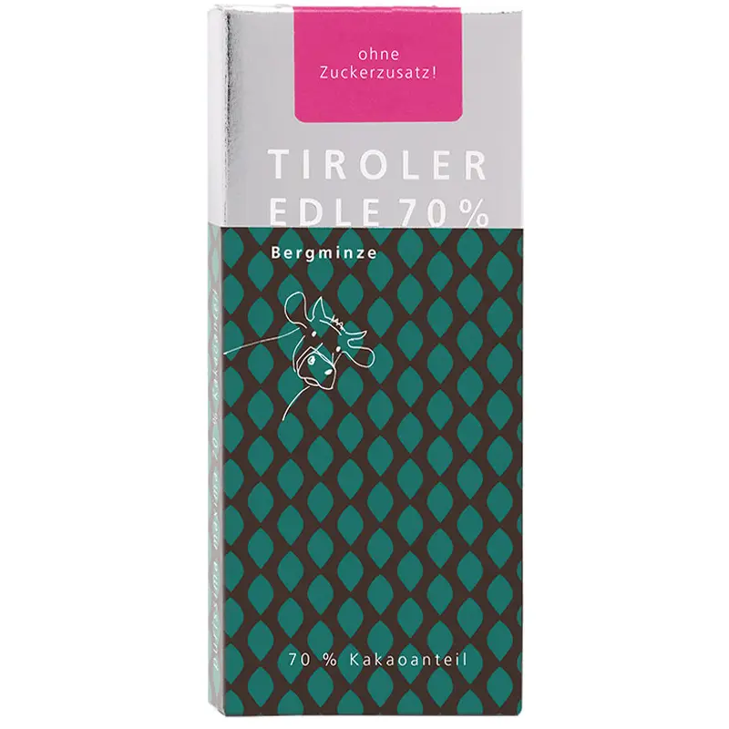 TIROLER EDLE Schokolade | Kakaotafel ohne Zuckerzusatz »Bergminze« 70% Schokolade mit Bergminze von Hansjörg Haag Tiroler Edle