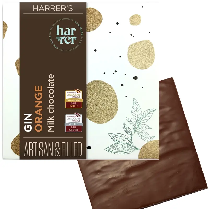 HARRER Chocolat | Gefüllte Milchschokolade & Gin »Orange« 42% | 60g Gin Orangen prämierte Schokolade von Harrer Ungarn