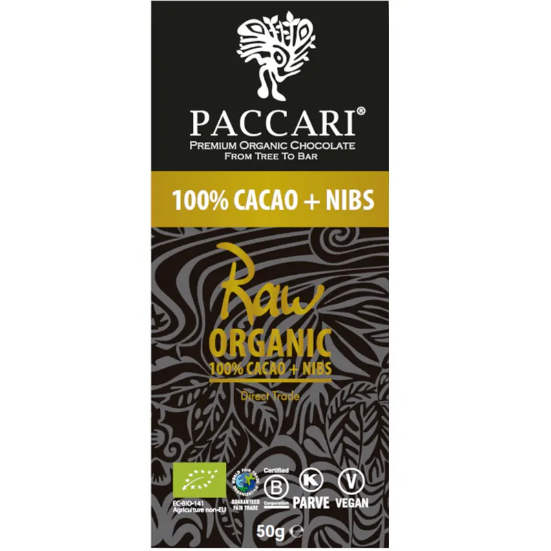 PACCARI | Dunkle Schokolade »RAW-Chocolate + Nibs« 100% | BIO | 50g 100% Kakaomasse Schokolade von Paccari früher Pacari