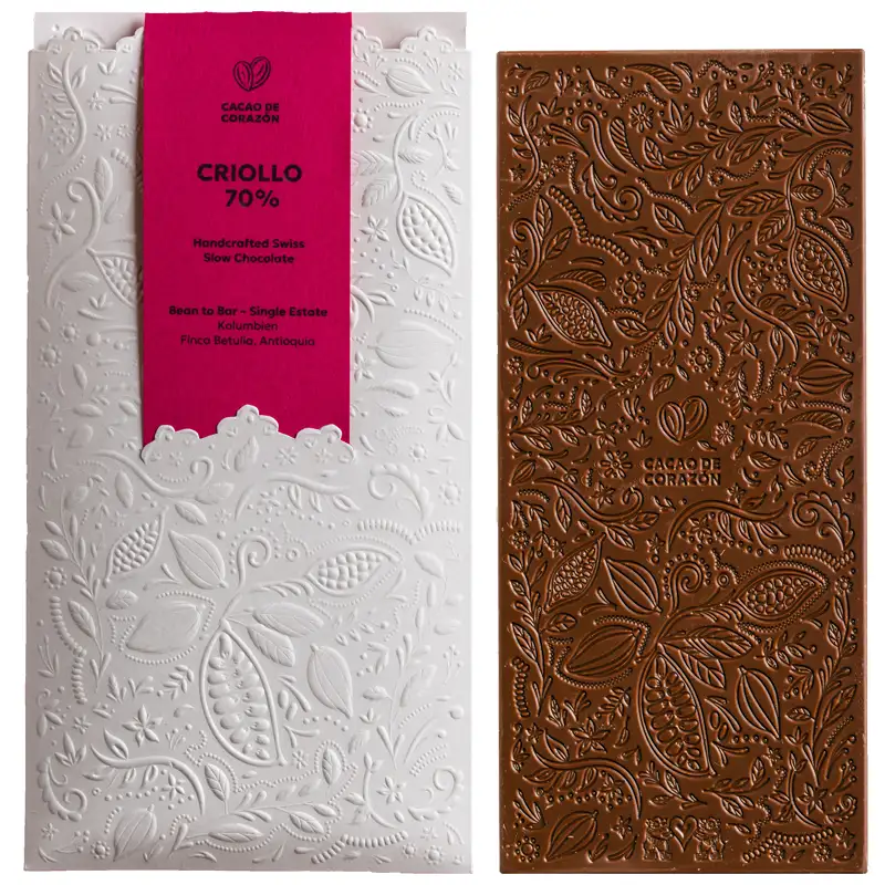 Cacao de CORAZÓN | Dunkle Schokoladen »Criollo« 70% | 65g Beste Criollo Schweizer Single Origine Schokolade von Cacao de Corazón