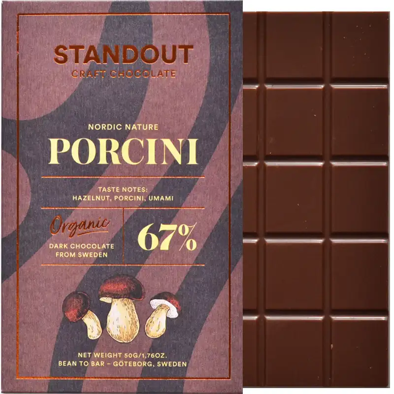 STANDOUT CHOCOLATE | Dunkle Schokolade »Porcini« 67% | BIO | 50g Schokolaxe mit Steinpilzen Porcini von Standout Chocolate