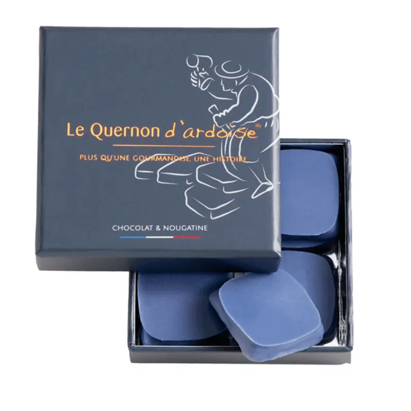 Schachtel mit 8 Quernons d Ardoise in blauer Schokolade