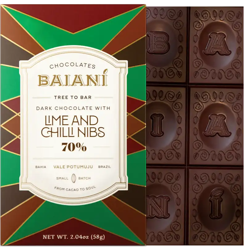 BAIANI Chocolates | Dunkle Schokolade »Lime & Chilli Nibs« 70% | 58g Lime Chilli Nibs Schokolade von Baiani Brasilien