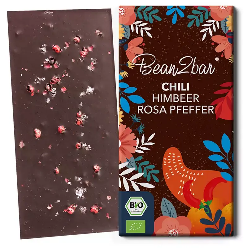EDELMOND | Schokolade Chili, Himbeer & Rosa Pfeffer »Bean2bar« 70% | BIO | 75g Himbeere und Rosa Pfeffer in Schokolade von Edelmond