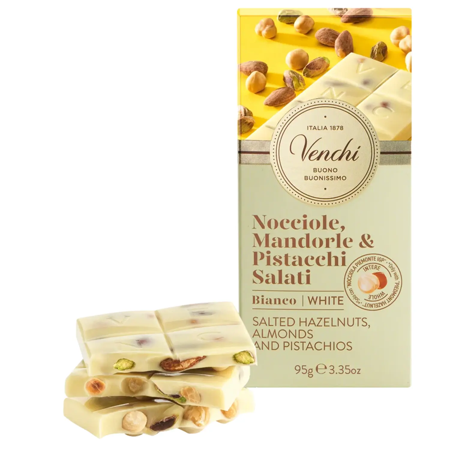 VENCHI | Weiße Schokolade mit gesalzenen Nüssen »Nocciolo, Mandorle & Pistacchi« 95g Schokolade mit gesalzenen Haselnüssen, Pistazien und Mandeln von Venchi italien