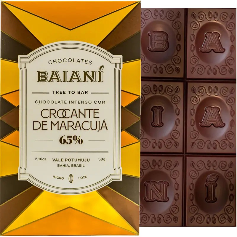 BAIANI Chocolates | Schokolade & Passionsfrucht »Crocante de Maracujá« 65% | 58g Schokolade mit Passionsfrucht - Crocante de Maracuja von Baiani Brasilien
