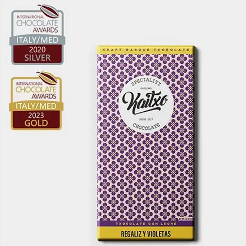 KAITXO | Milchschokolade mit Lakritz & Veilchen »Regaliz y Violetas« 40% | 70g Schokolade mit Lakritz und Veilchen von Kaitxo