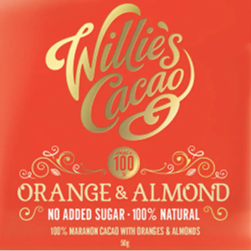 WILLIE's Cacao | Dunkle Schokolade mit »Orange & Almond« | 50g Schokolade mit Orange und Almond ohne Zuckerzusatz von Willies cacao
