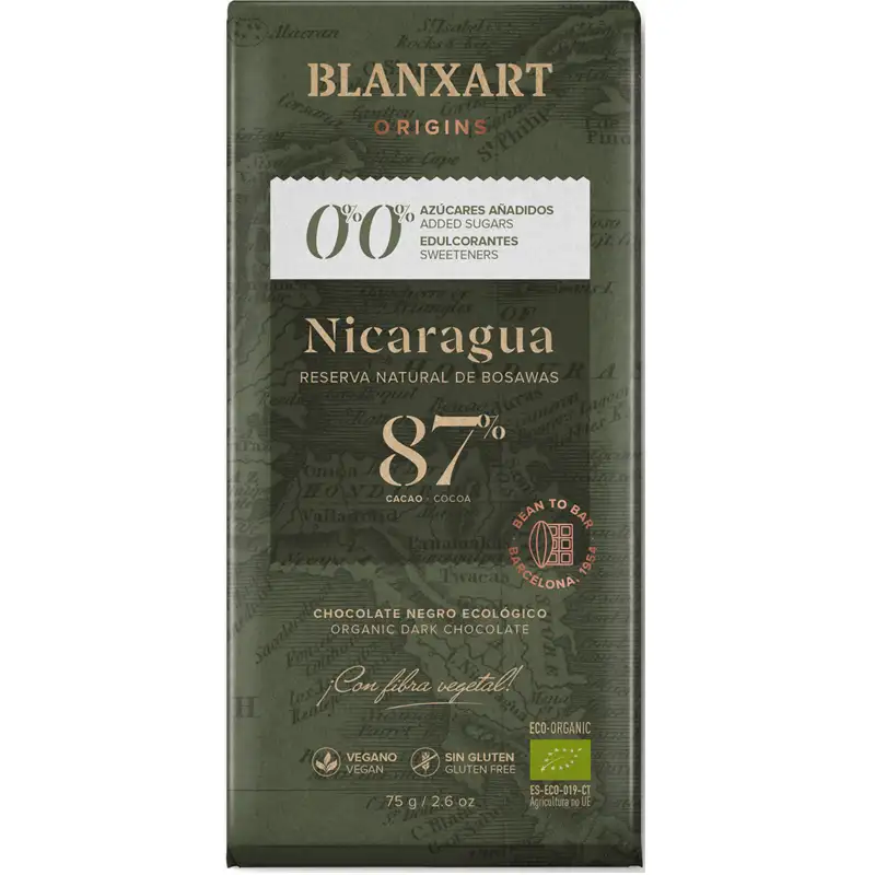 BLANXART Schokolade  | 0% 0% ohne Zuckerzusatz »Nicaragua« 87% | Low Carb Low Carb Schokolade ohne Zuckerzusatz von Blanxart