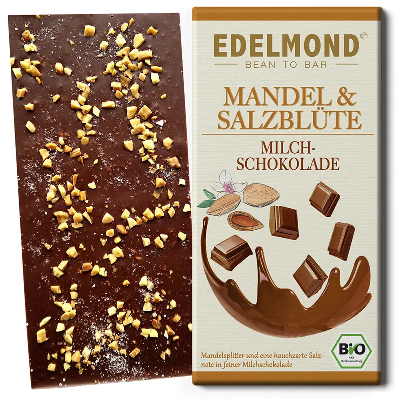 EDELMOND | Milchchokolade »Mandel & Salzblüte« 50% | BIO | 80g Mandel mit Salzblüte Bio-Schokolade von Edelmond Spreewald