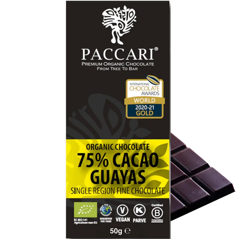 PACCARI | Dunkle Schokolade »Guayas« Ecuador | Gold Prämiert 75% | BIO | 50g Gold-Prämierte Schokolade Guayas von Paccari