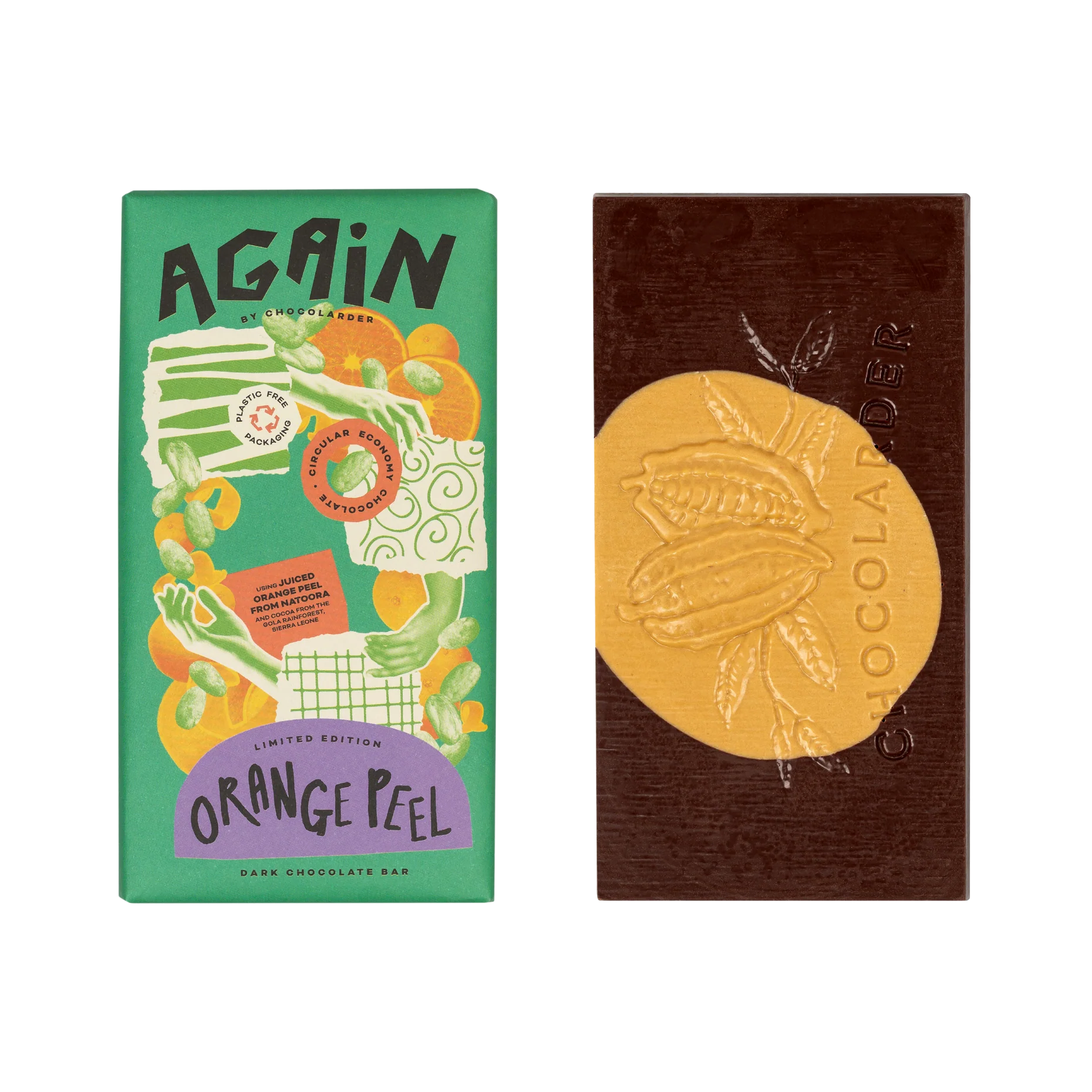 ALT-TEXTE  ALT-Text 1 – Produktbild: Chocolarder Again Orange Peel dunkle Schokolade mit Orangenschalen 70 g