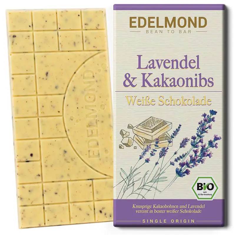 EDELMOND | Weiße Schokolade »Lavendel & Nibs« 40% | BIO | 80g Weiße Schokolade mit Lavendel und Kakaonibs von edelmond Spreewald