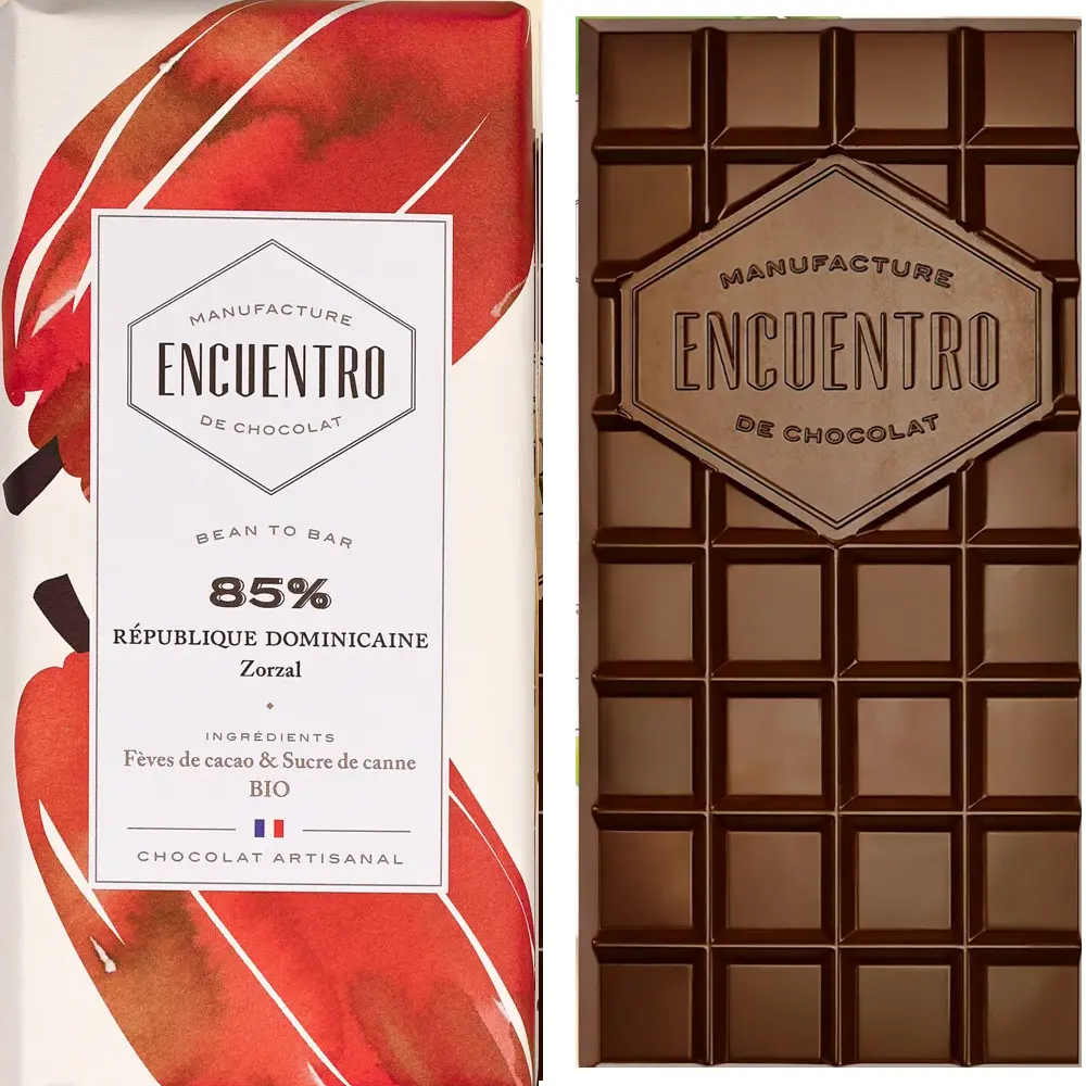ENCUENTRO | Dunkle Schokolade »République Dominicaine – Zorzal Blanco« 85% | BIO | 75g Dunkle Schokoladentafel mit Verpackung Encuentro Dominikanische Republik mit 85% Kakaogehalt