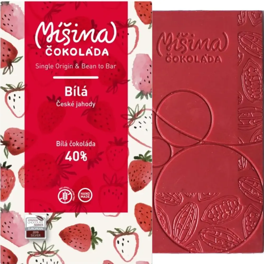 MIŠINA Čokoláda | Weiße Schokolade & Erdbeeren »Bilá – Strawberry« 40% | 50g weiße Schokolade mit Erdberren von Misina aus Prag