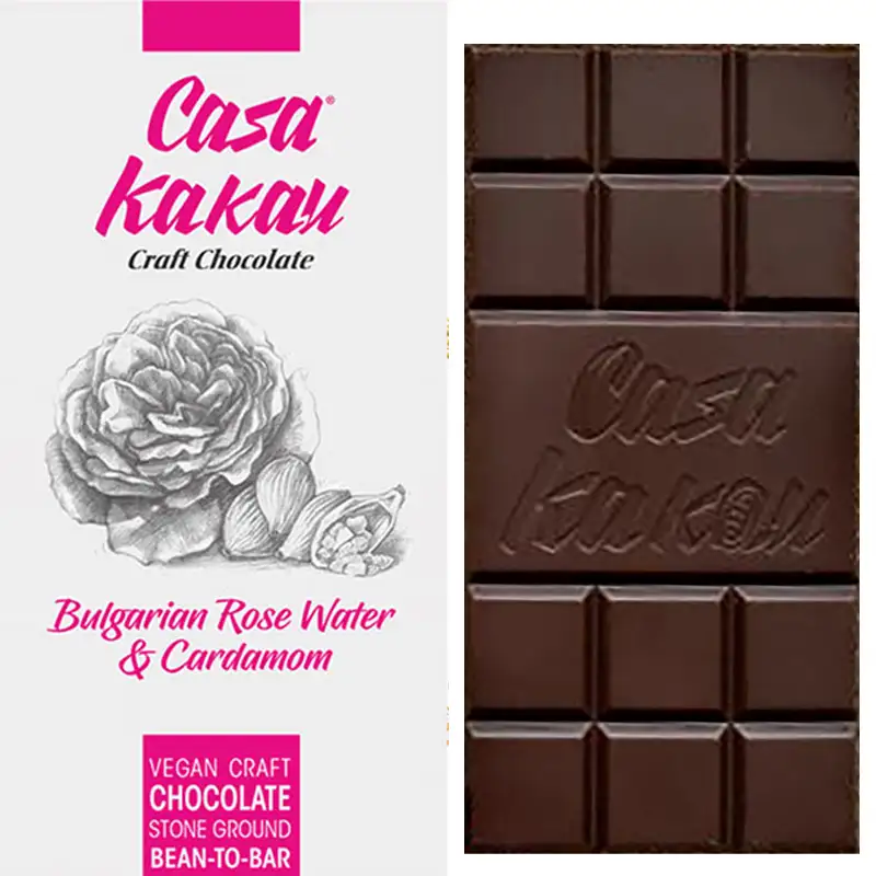 CASA KAKAU | Dunkle Schokolade »Bulgarian Rose Water & Cardamom« 66% | 70g Schokolade mit bulgarischem Rosenwasser von Casa Kakau