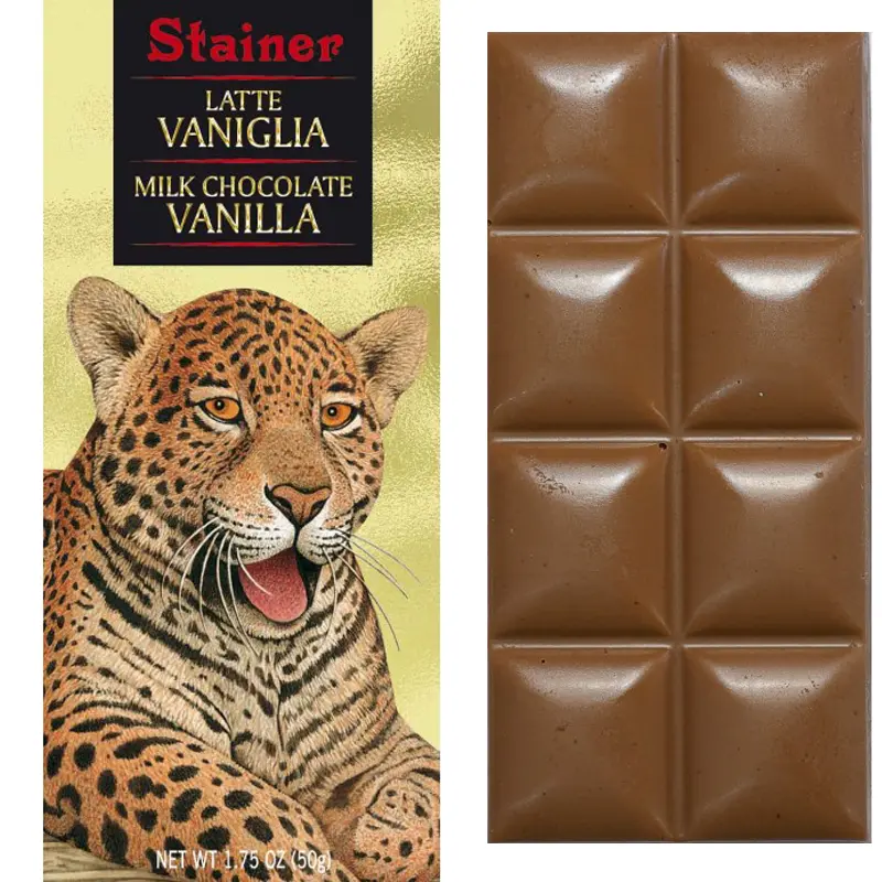 STAINER | Vollmilchschokolade »Bourbon Vanille« 43% | 50g Vollmilch Vanille  italienische Schokolade von Stainer  mit Tiger auf Verpackung