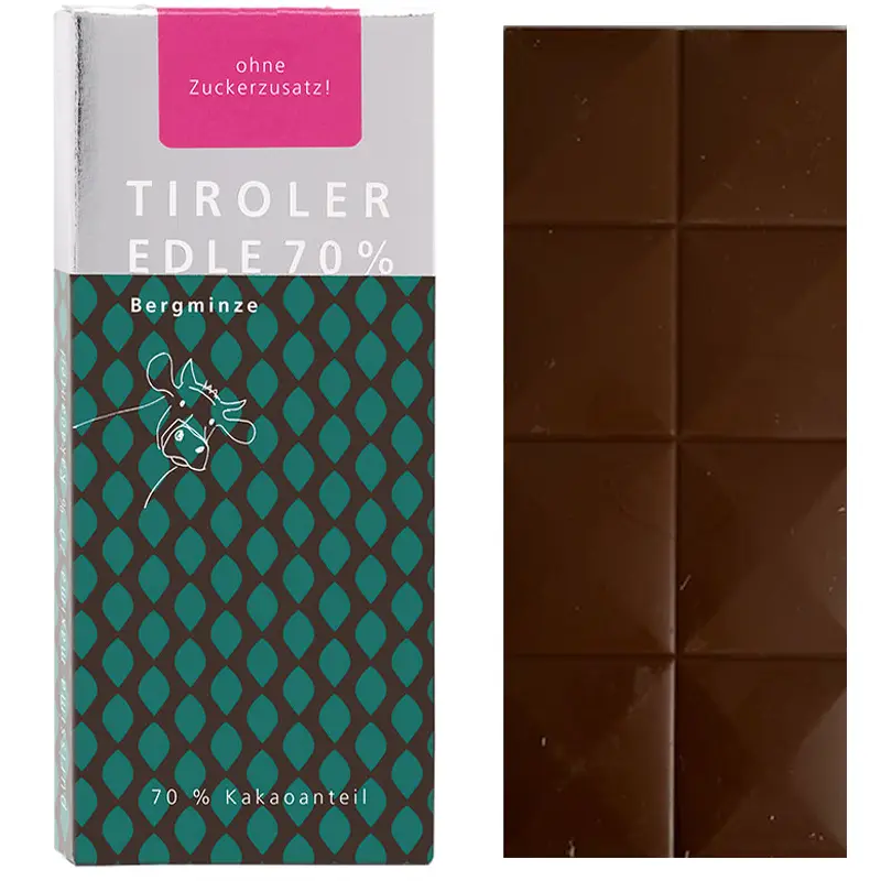 TIROLER EDLE Schokolade | Kakaotafel ohne Zuckerzusatz »Bergminze« 70% Schokolade ohne Zuckerzusatz Bergminze von Tiroler Edle