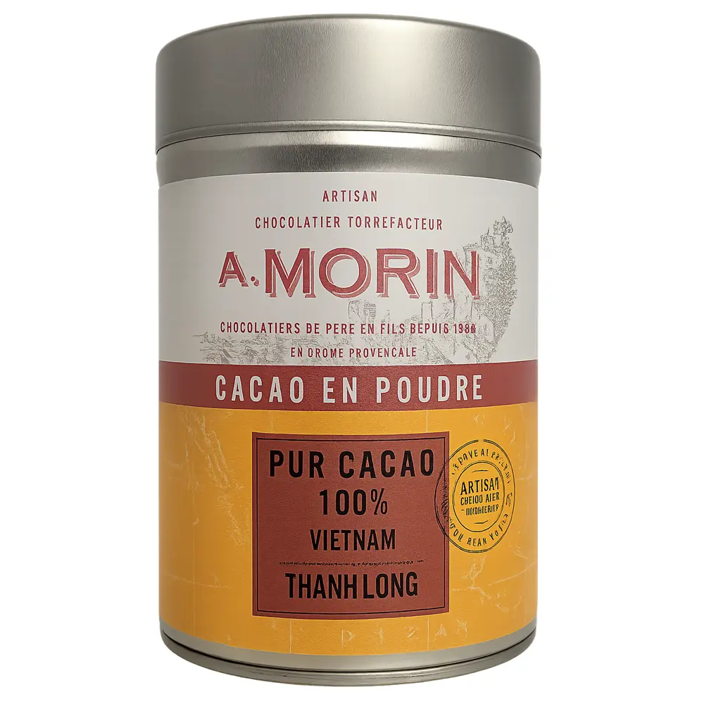 Foto einer edlen Metalldose mit A. Morin Kakaopulver – „Pur Cacao 100 % Vietnam Thanh Long“. Die Dose hat ein silbernes Finish, ein cremefarben-rotes Etikett mit gelben Akzenten und zeigt den Schriftzug „Artisan Chocolatier Torréfacteur – A. Morin“.