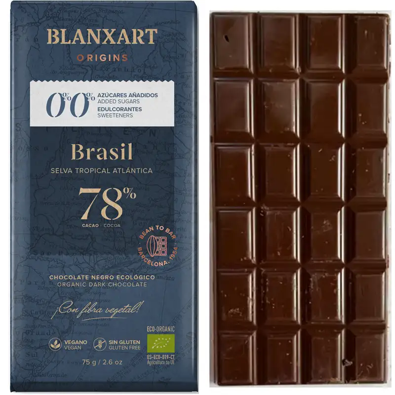 BLANXART | Schokolade  0% ohne Zuckerzusatz »Brasil« 78% | BIO Zuckerfreie Schokolade mit wenig Kohlehydraten von blanxart