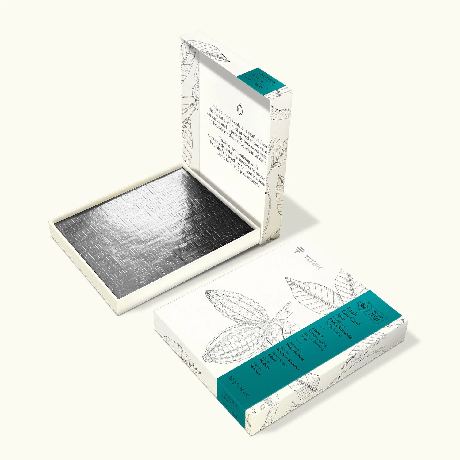 TO'AK | Schokolade »Utah Gin Cask – Harvest 2021« Aged 75,5% | 50g Utah Gin Cask gereifte Schokolade in weißer Verpackung von TOAK Ecuador