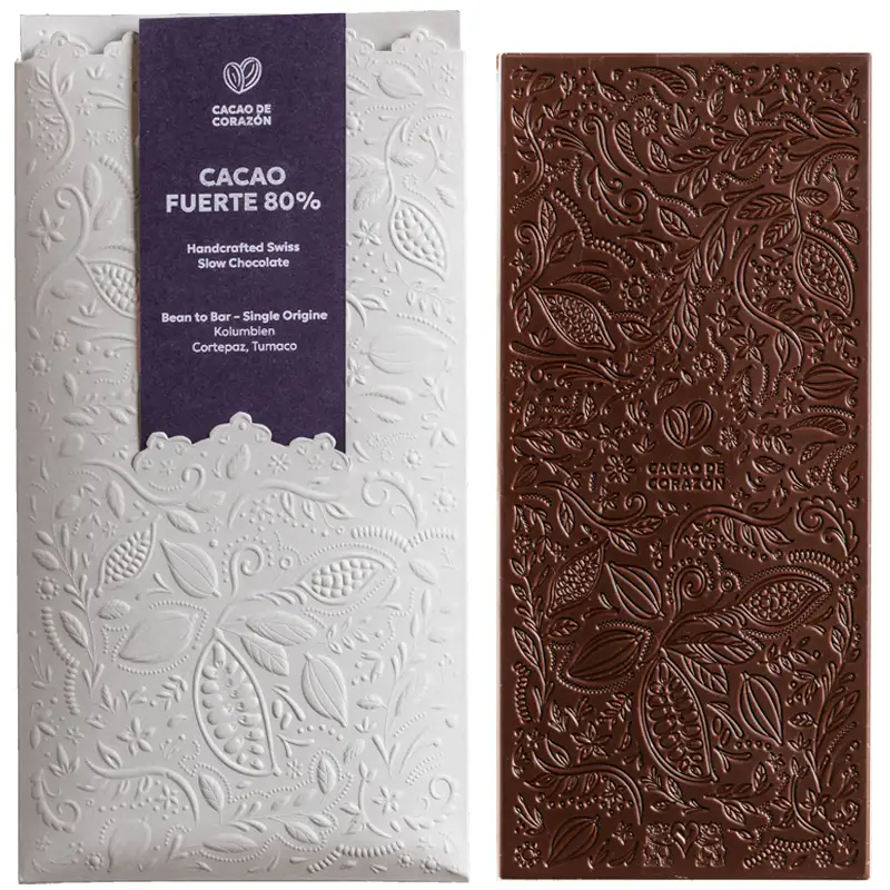 Cacao de CORAZÓN | Dunkle Schokoladen »Cacao Fuerte« 80% | 65g Cacao Fuerte 80% Schweizer Single Origine Schokolade von Cacao de Corazón