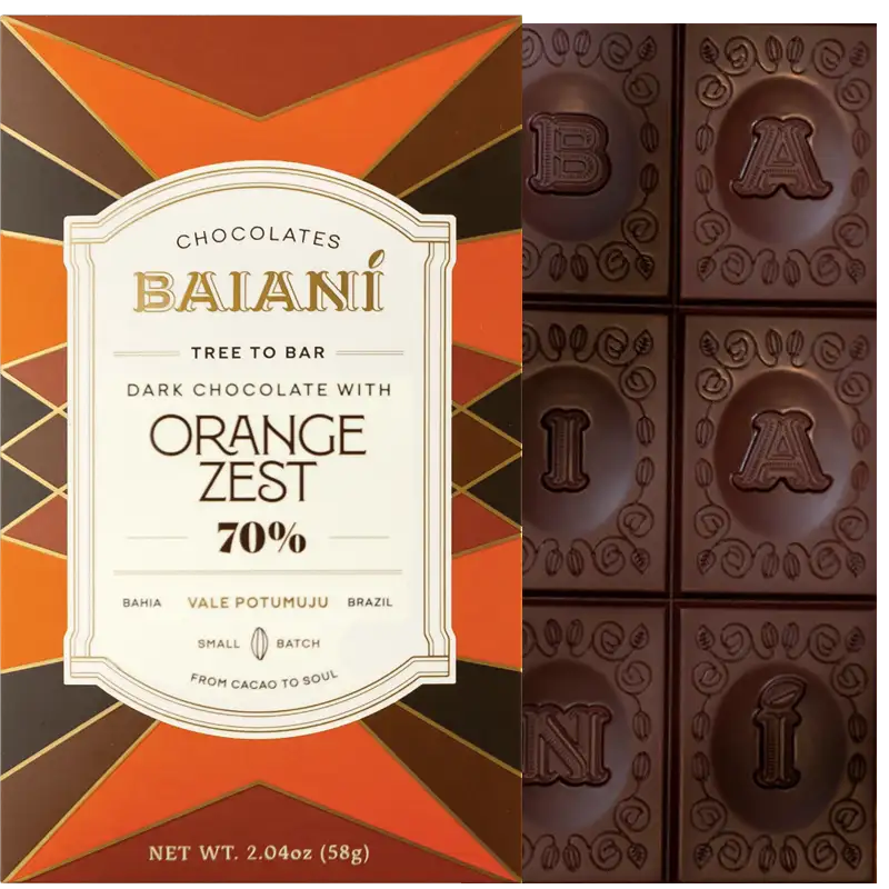 BAIANI Chocolates | Dunkle Schokolade »Orangen Zest« 70% | 58g Dunkle Schokolade mit Orange von Baiani Brasilien