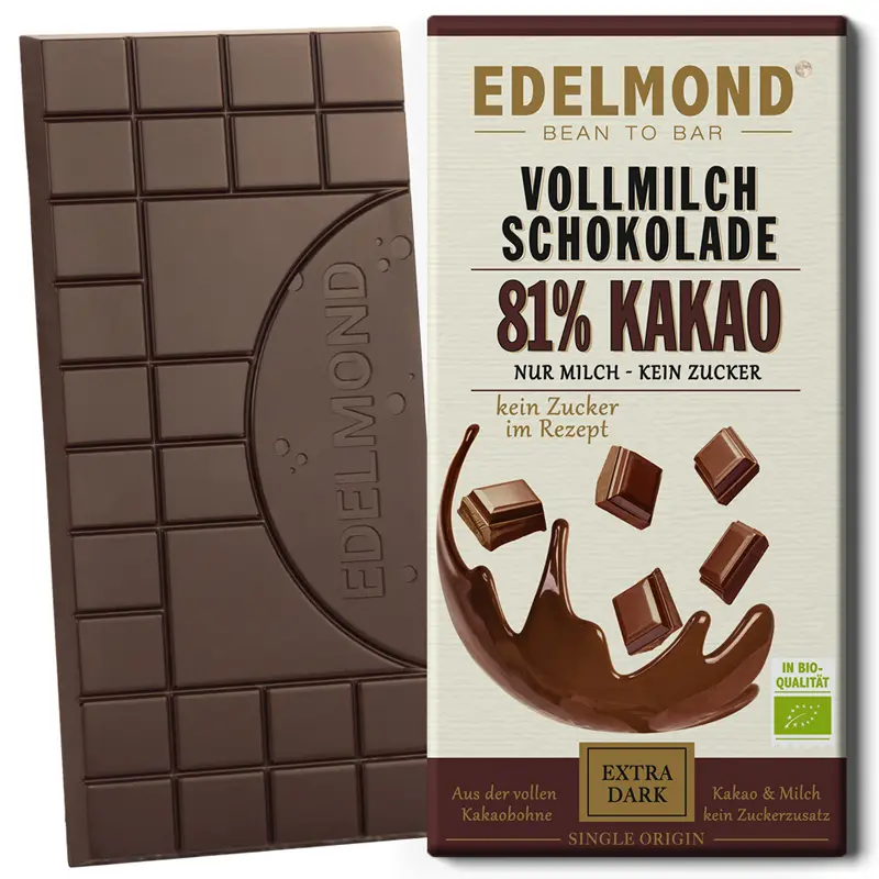 EDELMOND Schokoladen | Kakao & Milch »Nur Milch« 81% | BIO | 75g Milchschokolade ohne Zuckerzusatz von Edelmond