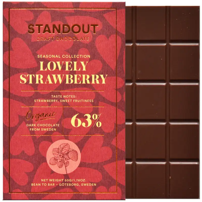 STANDOUT CHOCOLATE | Dunkle Schokolade & Erdbeeren »Lovely Strawberry« 63% | 50g lovely Strawberry Schokolade von standout Chocolate Schweden