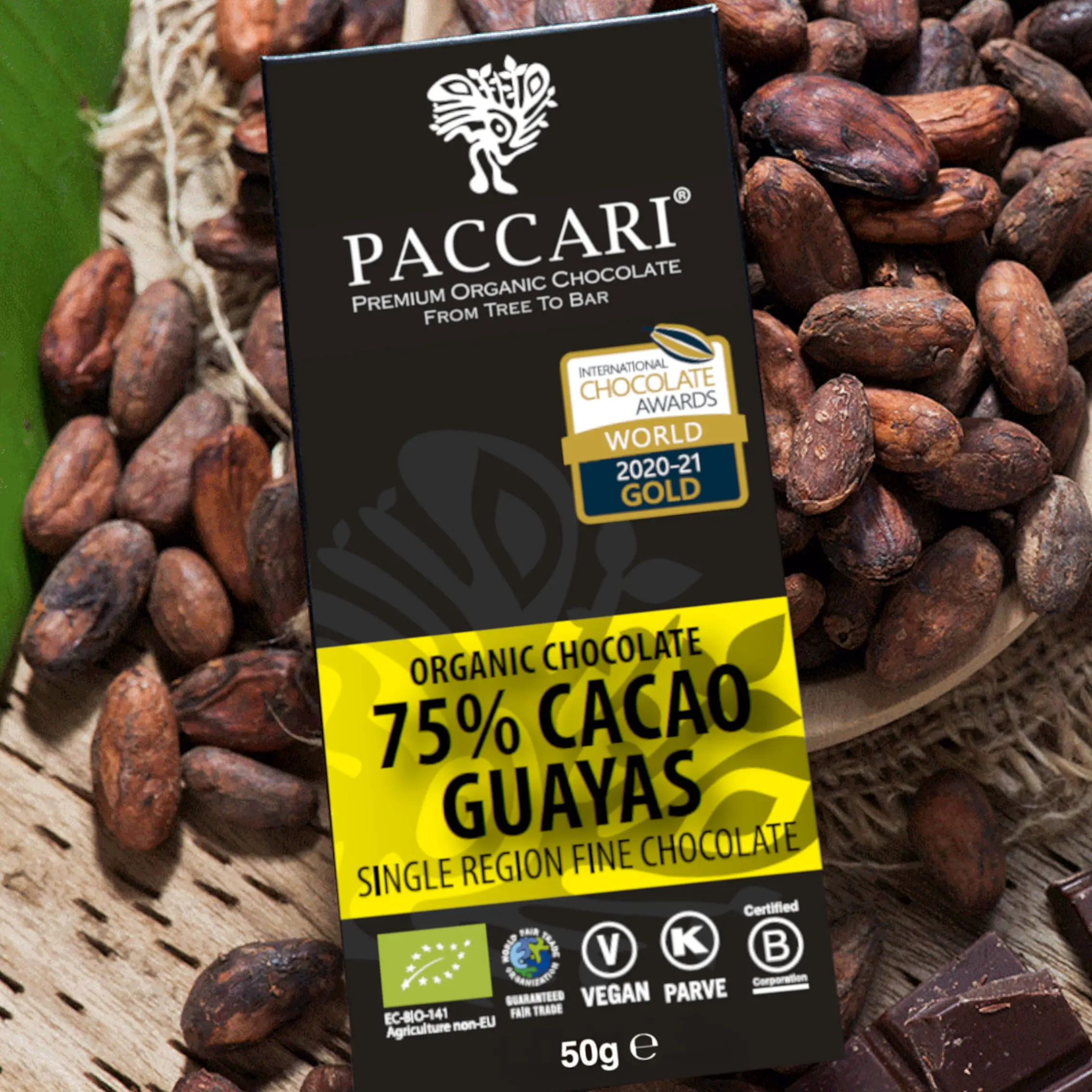 PACCARI | Dunkle Schokolade »Guayas« Ecuador | Gold Prämiert 75% | BIO | 50g