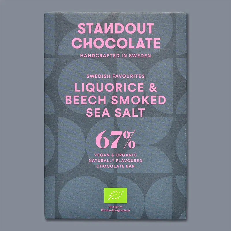 STANDOUT CHOCOLATE | Dunkle Schokolade »Liquorice & Beech Smoked Sea Salt« 67% | BIO | 50g Schokolade mit Lakritz von Standout Chocolate
