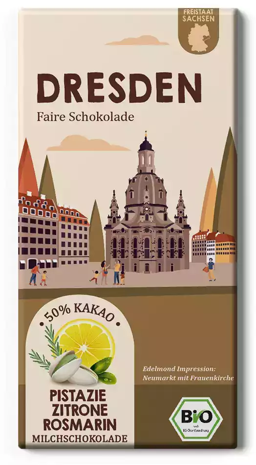 EDELMOND | Milchschokolade Pistazie & Zitrone »DRESDEN« 50% | BIO | 75g Edelmond Dresden Schokolade mit Pistazie und Zitrone