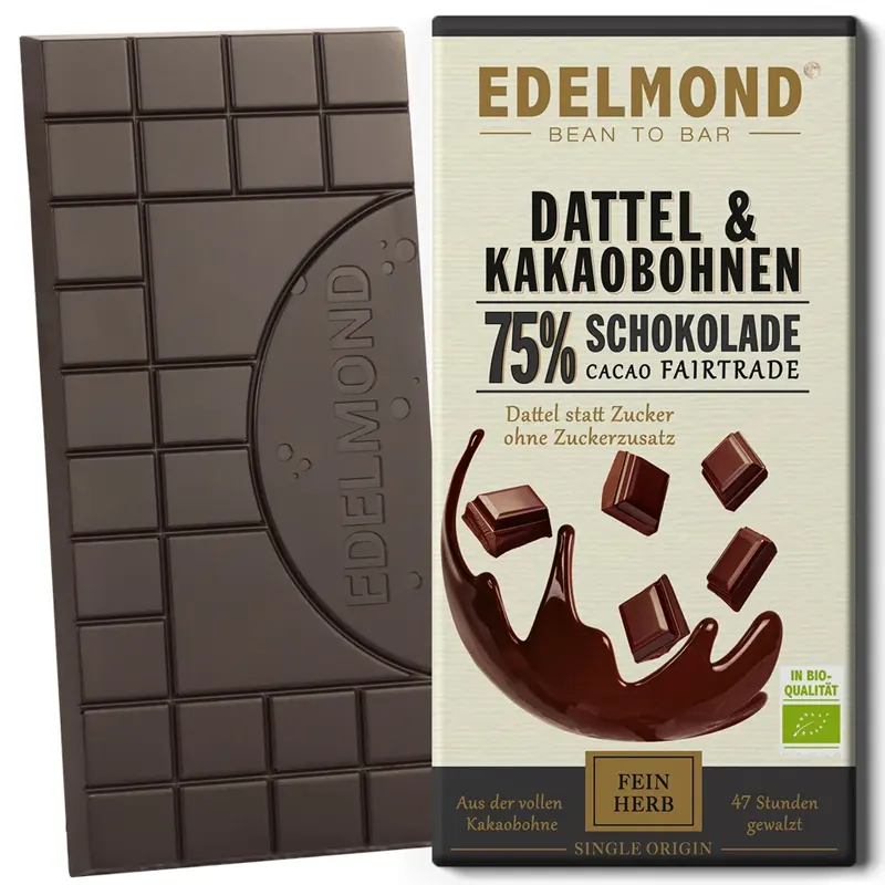 EDELMOND | Dunkle Schokolade »Dattel & Kakaobohnen « 75% | BIO | 75g Schokolade ohne Zuckerzusatz, aber mit Datteln gesüßt von Edelmond