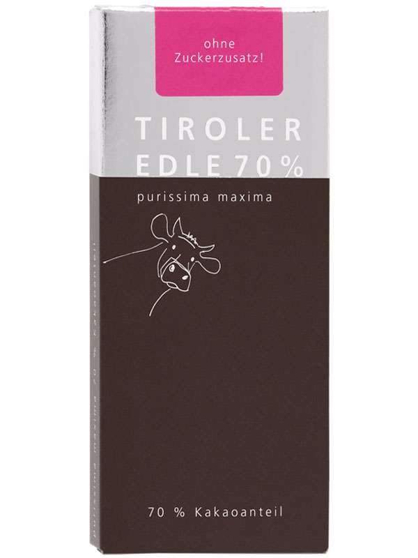 TIROLER EDLE Schokolade | Kakaotafel ohne Zuckerzusatz  »purissima maxima« 70% |  50g