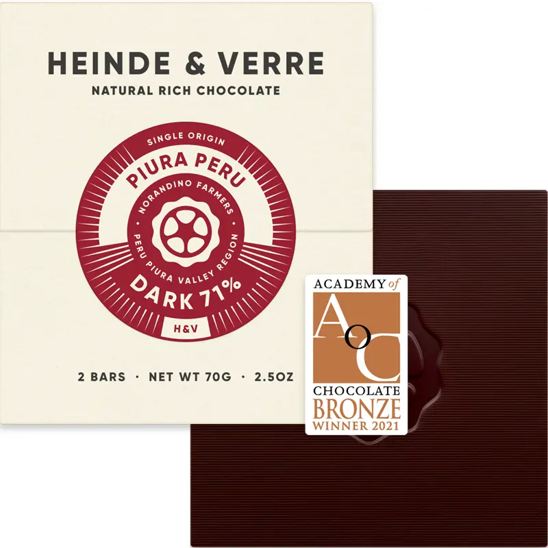 HEINDE & VERRE | Dunkle Schokolade »Fruity Piura Peru« 71% | 70g Allergiefreie prämierte Dunkle Schokolade von Heinde und Verre