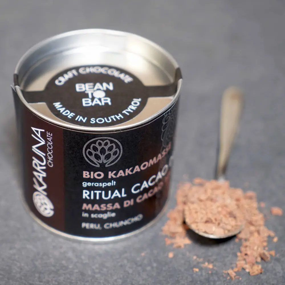 KARUNA Chocolate | Kakaomasse geraspelt »Ritual Cacao Drink Peru Chuncho« 100% | BIO | 110g Ritualkakao Bean to Bar Peru Bester Chuncho-Urkakao von Karuna Südtirol