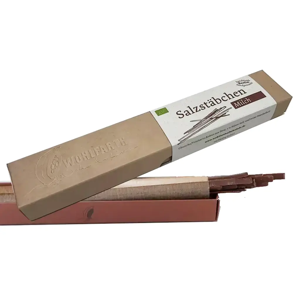 WOHLFARTH Schokolade | Milchschokolade »Salzstäbchen« 50% | BIO | 75g Beliebte Milchschokoladen Salzstäbchen von Wohlfarth Berlin handgemacht