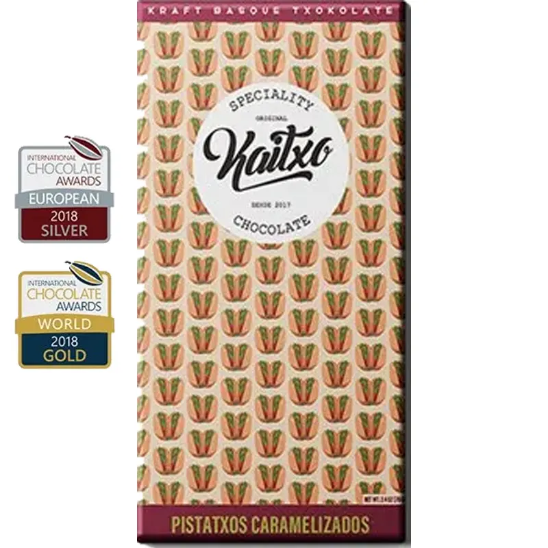 KAITXO | Weiße Schokolade & Pistazien »Pistachos caramelizados« 40% | 70g Weisse Schokolade Pistatxos Caramelizados Gold Prämiert von Kaitxo