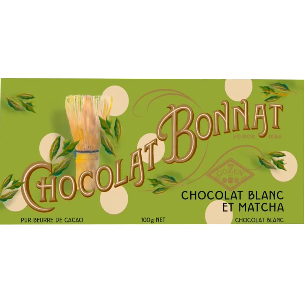 Grüne Verpackung mit Schrift Weiße Schokolade mit Matcha Chocolate Bonnat Blac et Matcha